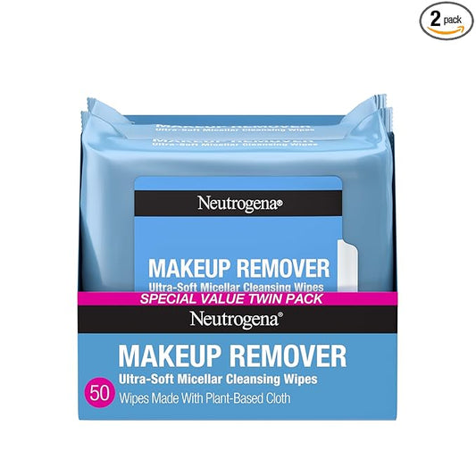 Neutrogena Makeup Remover Wipes Micellar Alcohol-Free Face Towelettes Remove Waterproof Mascara & Oil, Compostable 100% Plant-Based Cloth, Dermatologist & Ophthalmologist Tested, Twin Pack 2 x 25 ct