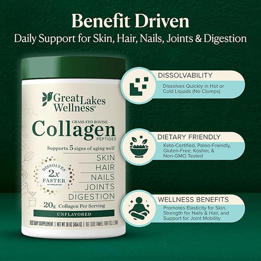 Great Lakes Wellness Collagen Peptides Powder – Supports Skin, Hair, Nails, Joints & Digestion – Hydrolyzed, Quick Dissolve, Non-GMO, Keto & Kosher – Pure Collagen Protein (10 oz, 14 Servings)